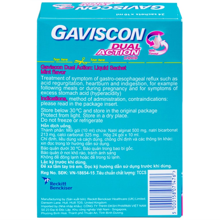 Hỗn dịch Gaviscon Dual Action Reckitt Benckiser điều trị trào ngược dạ dày, thực quản (24 gói x 10ml)