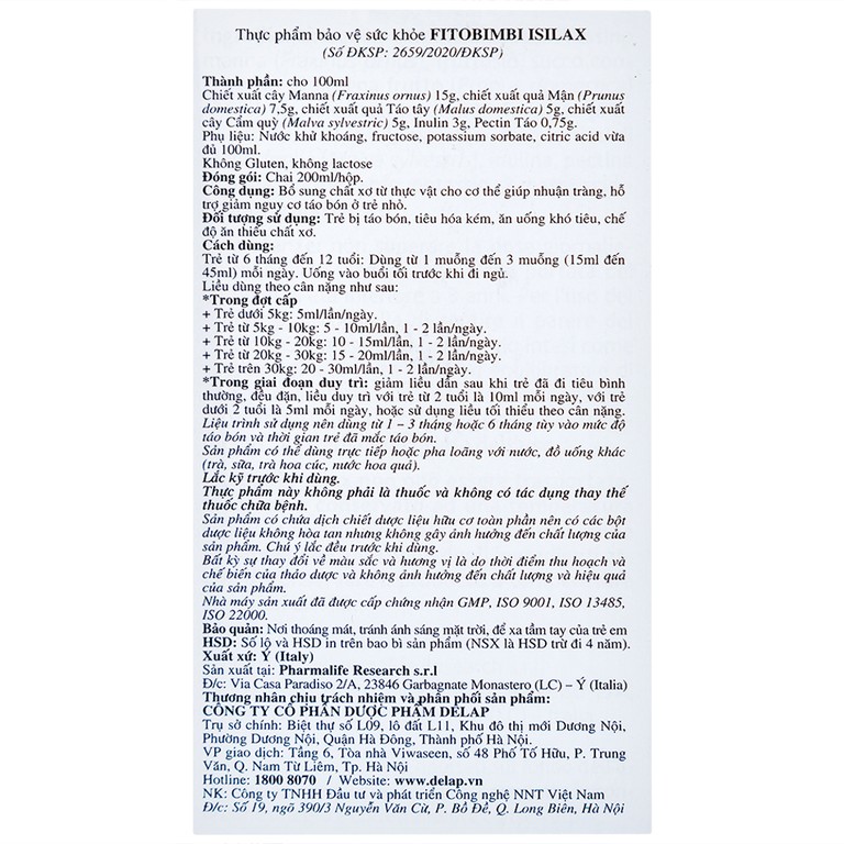 Siro Fitobimbi Isilax Concentrato Fluido Pharmalife nhuận tràng, hỗ trợ giảm táo bón cho trẻ (200ml)