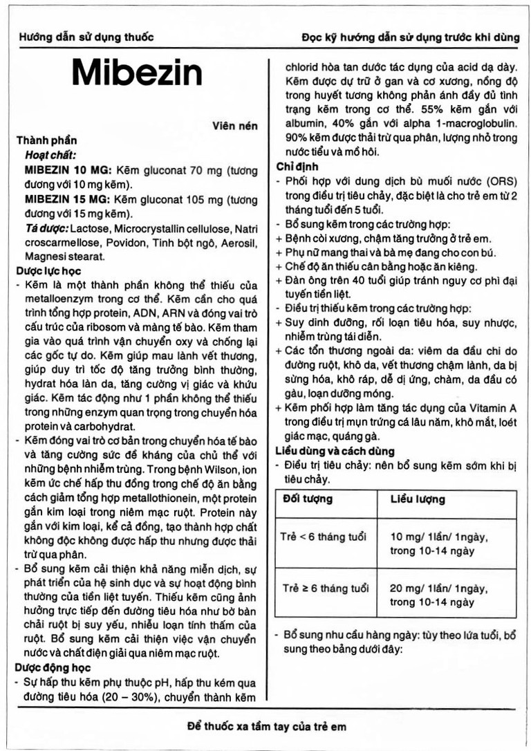 Viên nén Mibezin 15mg Hasan điều trị tiêu chảy, bổ sung kẽm (3 vỉ x 10 viên)