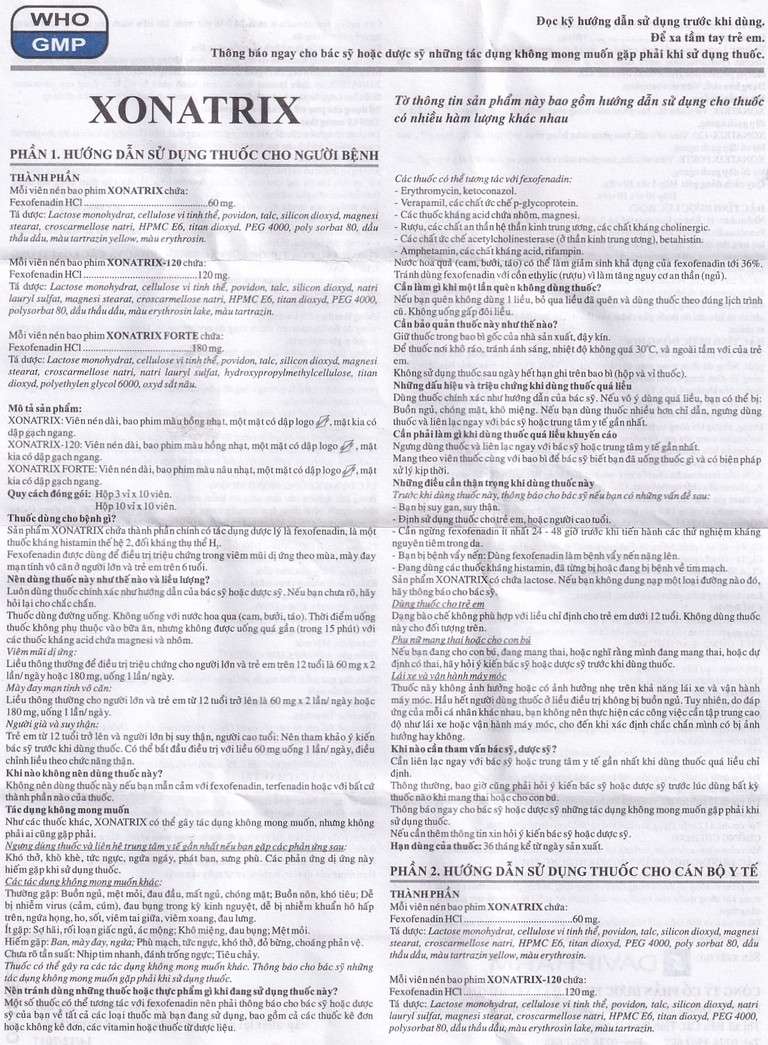 Thuốc Xonatrix-120 DaviPharm điều trị triệu chứng viêm mũi dị ứng theo mùa (3 vỉ x 10 viên)