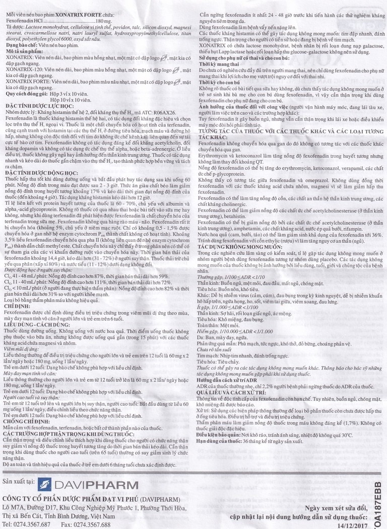 Thuốc Xonatrix-120 DaviPharm điều trị triệu chứng viêm mũi dị ứng theo mùa (3 vỉ x 10 viên)