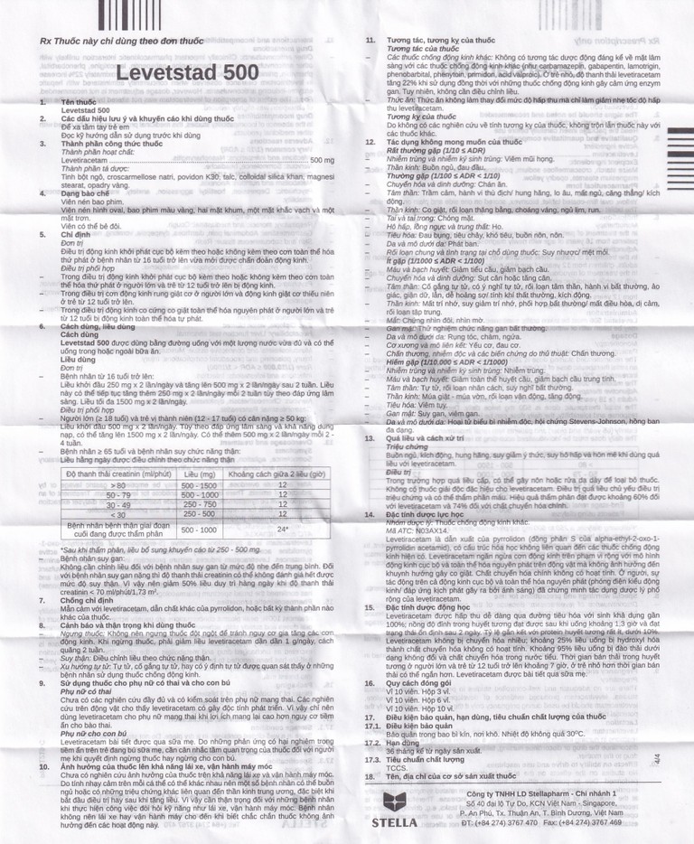 Thuốc Levetstad 500 Stella điều trị động kinh khởi phát cục bộ (3 vỉ x 10 viên)