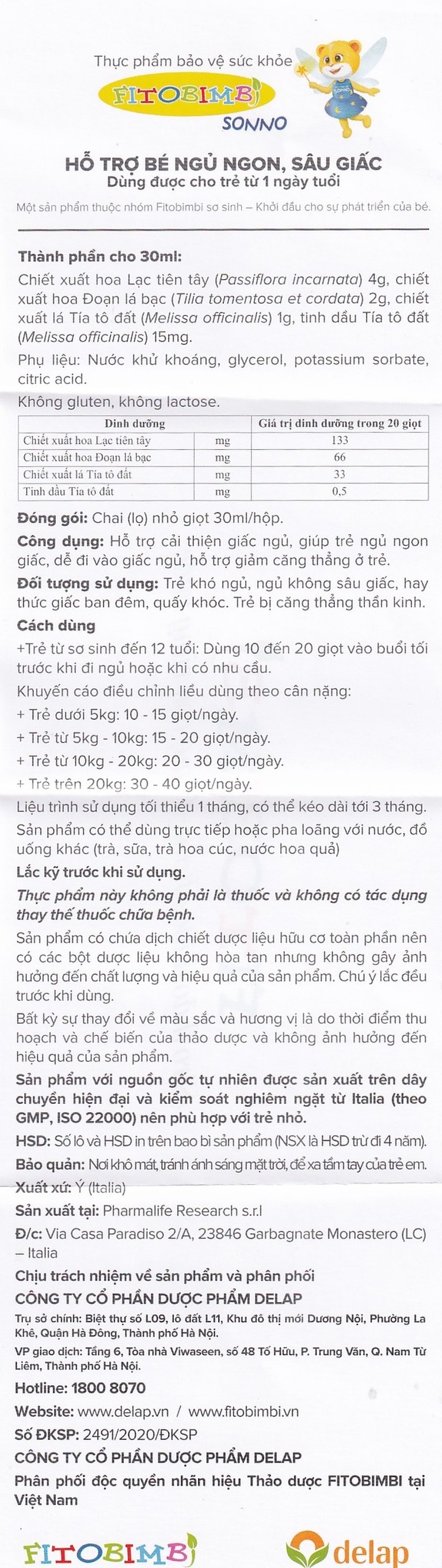 Dung dịch Fitobimbi Sonno Pharmalife hỗ trợ cải thiện giấc ngủ (30ml)