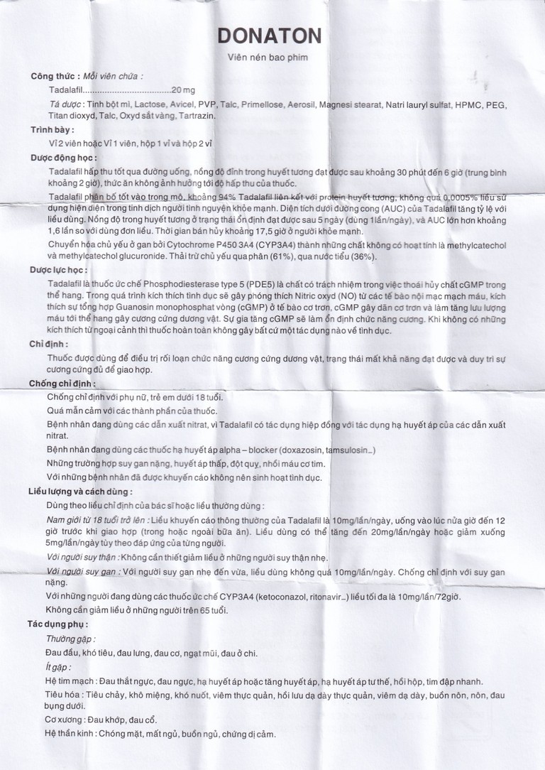 Thuốc Donaton 20 Đông Nam điều trị rối loạn chức năng cương cứng dương vật (2 vỉ x 2 viên)