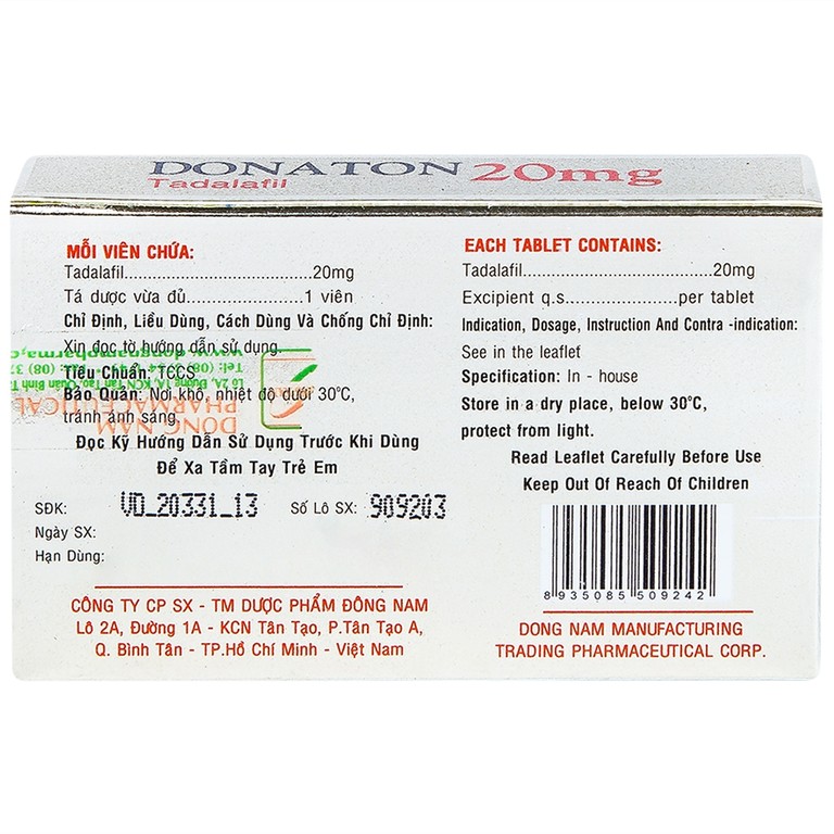 Thuốc Donaton 20 Đông Nam điều trị rối loạn chức năng cương cứng dương vật (2 vỉ x 2 viên)
