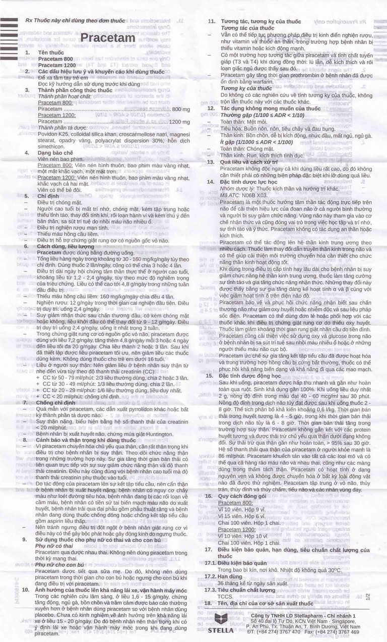 Viên nén Pracetam 800 Stella điều trị chóng mặt, suy giảm trí nhớ (6 vỉ x 15 viên)