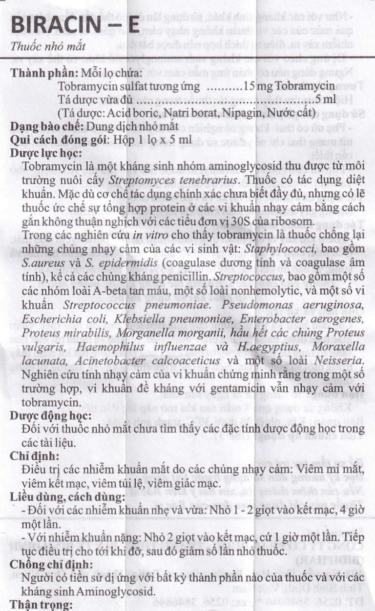 Thuốc nhỏ mắt Biracin-E Bidiphar điều trị các nhiễm khuẩn mắt do các chủng nhạy cảm (5ml)