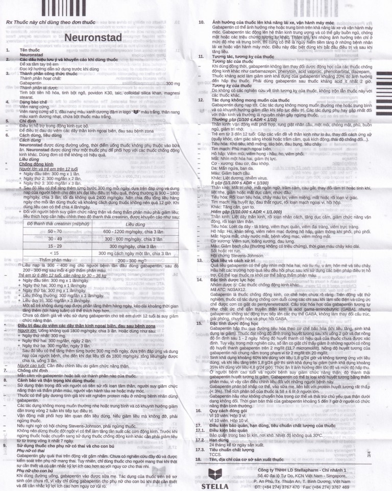 Viên nang cứng Neuronstad 300mg Stella điều trị hỗ trợ động kinh cục bộ, viêm dây thần kinh (3 vỉ x 10 viên)