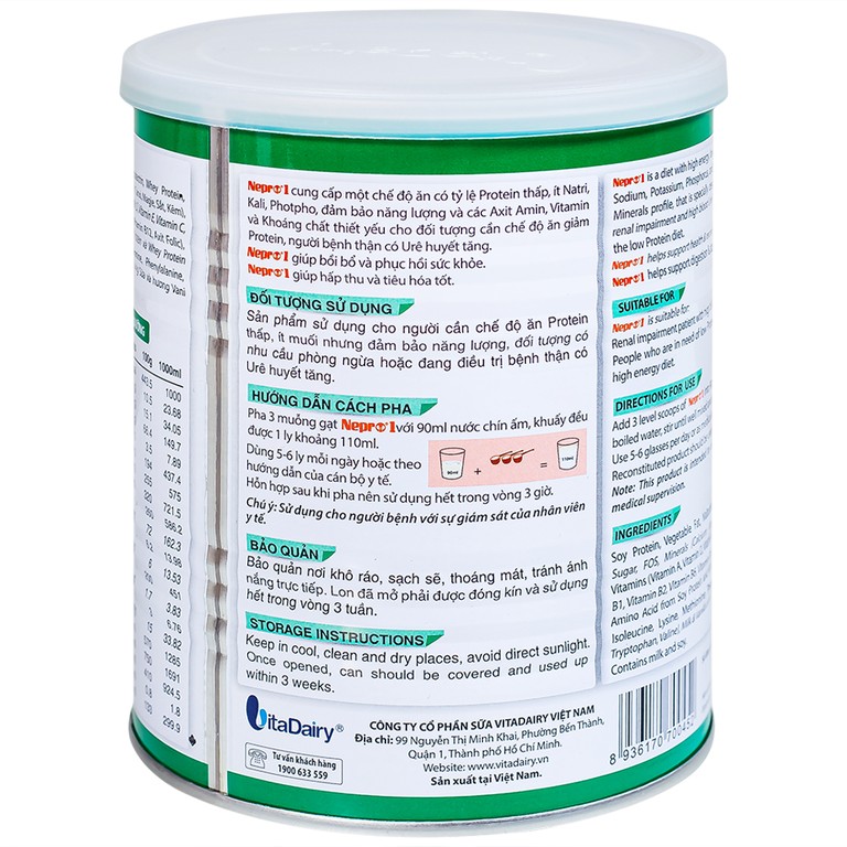 Sữa bột Nepro 1 VitaDairy bổ sung dinh dưỡng giảm protein dành cho người bệnh thận (400g)