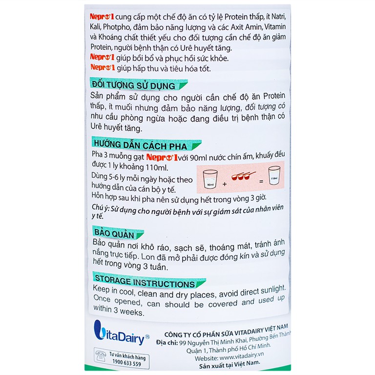 Sữa bột Nepro 1 VitaDairy bổ sung dinh dưỡng giảm protein dành cho người bệnh thận (400g)