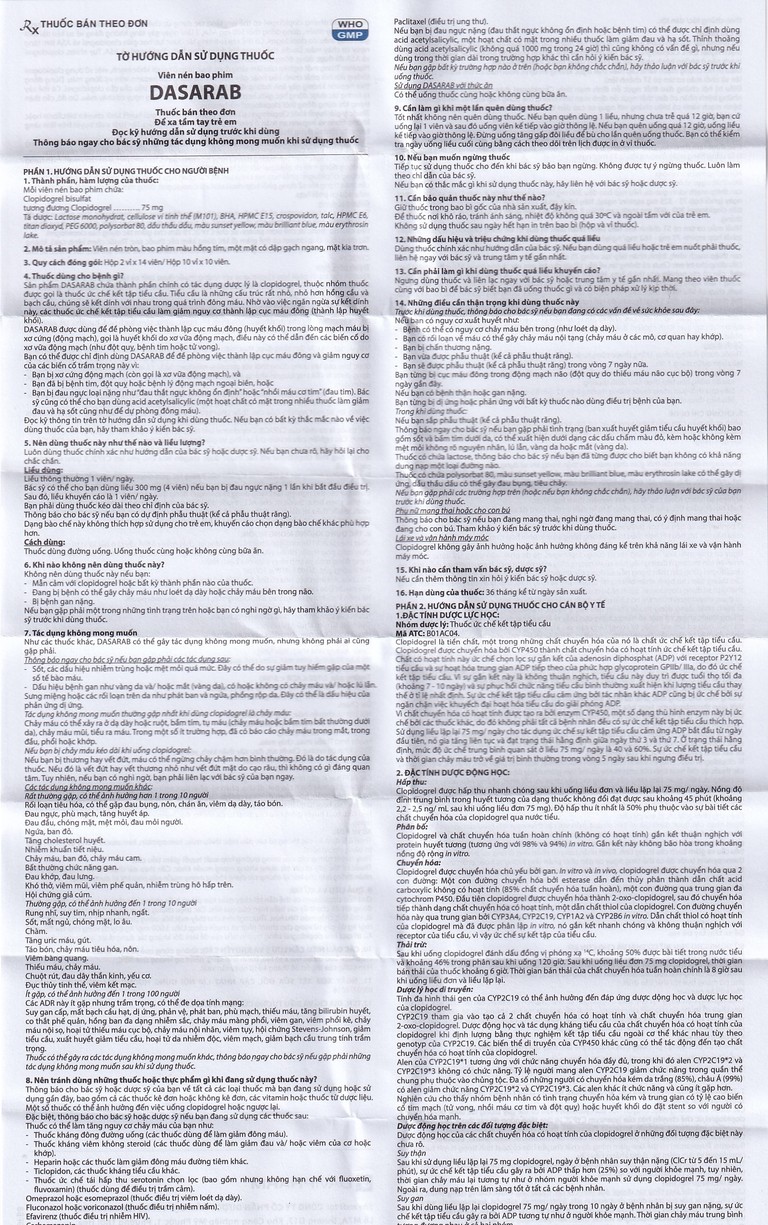 Thuốc Dasarab 75mg Davi Pharm điều trị hội chứng mạch vành cấp (2 vỉ x 14 viên)