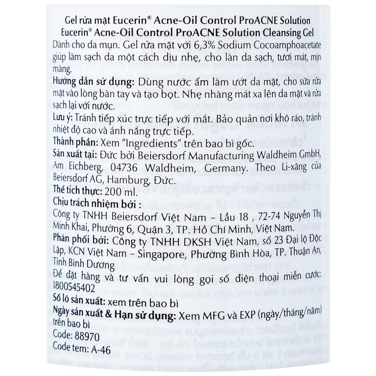 Gel rửa mặt Eucerin Pro Acne Cleansing Gel 88970 dành cho da nhờn, mụn (200ml)