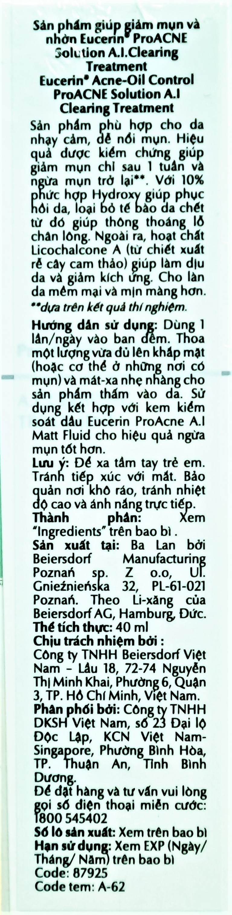 Gel Eucerin Pro Acne A.I Clearing Treatment giảm mụn và nhờn (40ml)