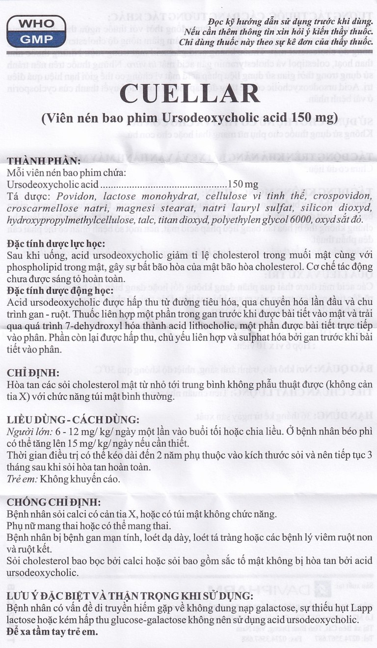 Thuốc Cuellar 150mg Davi Pharm dùng để hòa tan các sỏi cholesterol mật (6 vỉ x 10 viên)