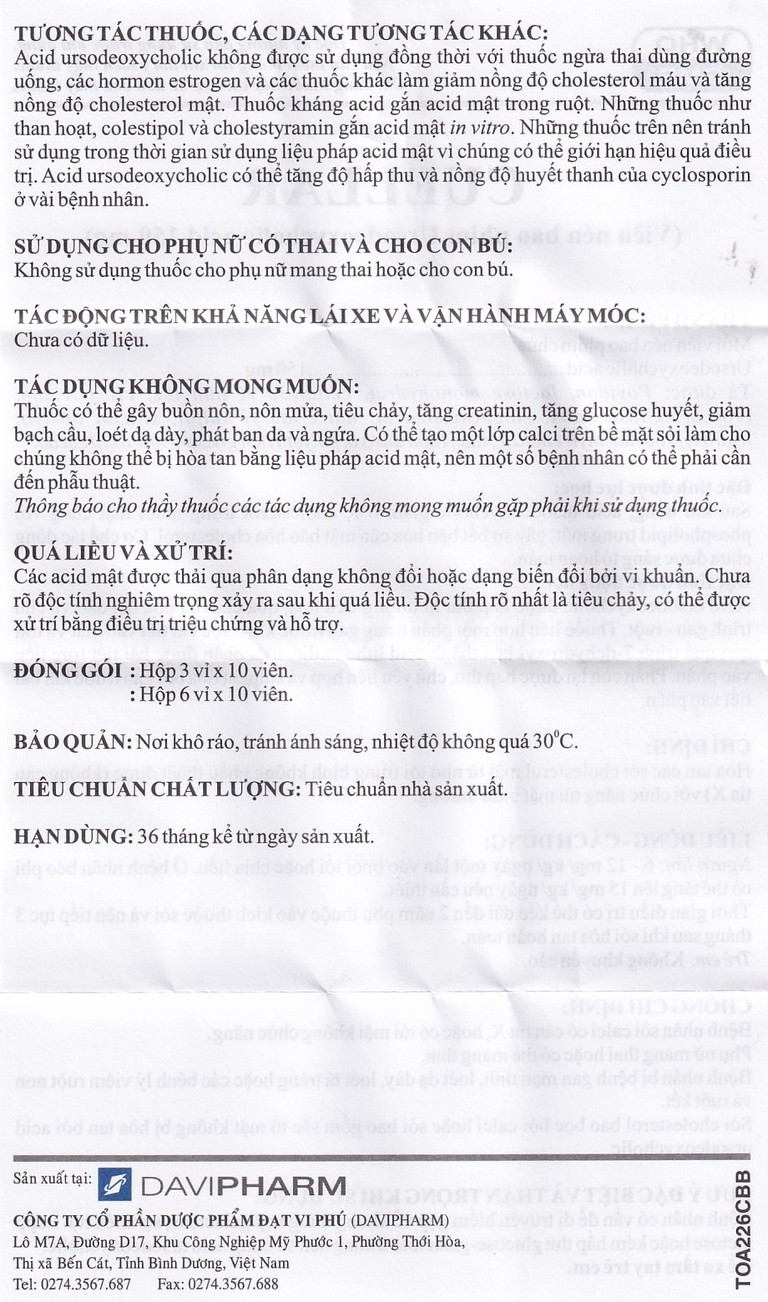 Thuốc Cuellar 150mg Davi Pharm dùng để hòa tan các sỏi cholesterol mật (6 vỉ x 10 viên)
