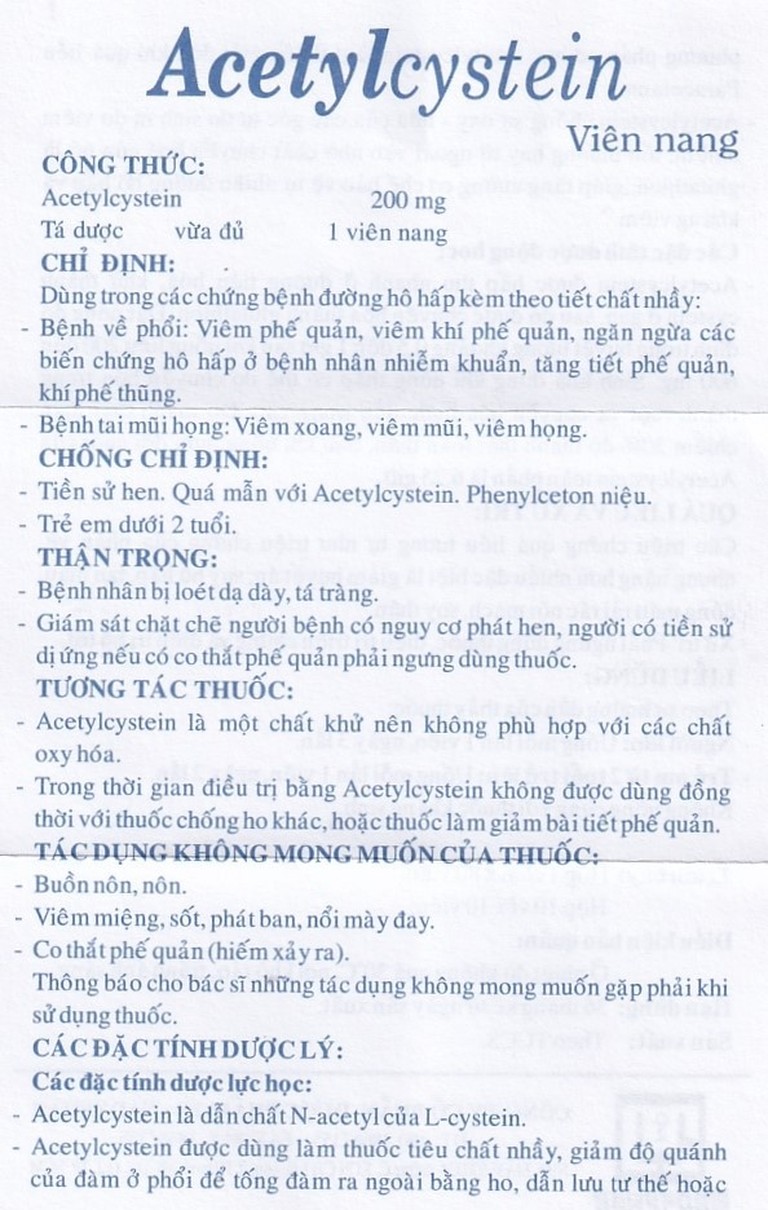 Thuốc Acetylcystein 200mg Nadyphar tiêu nhầy trong bệnh viêm phế quản, bệnh nhầy nhớt (10 vỉ x 10 viên)