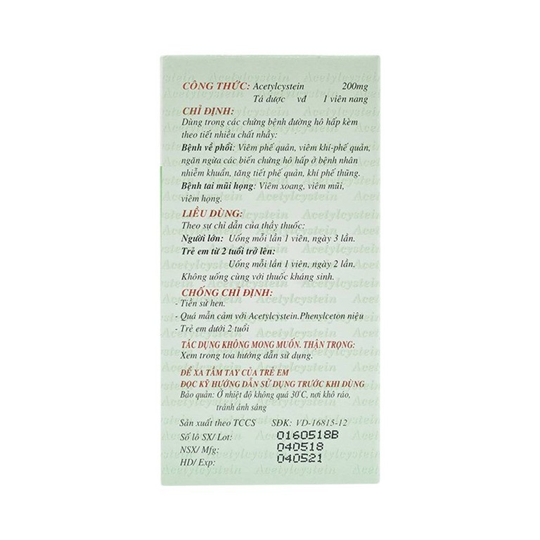 Thuốc Acetylcystein 200mg Nadyphar tiêu nhầy trong bệnh viêm phế quản, bệnh nhầy nhớt (10 vỉ x 10 viên)