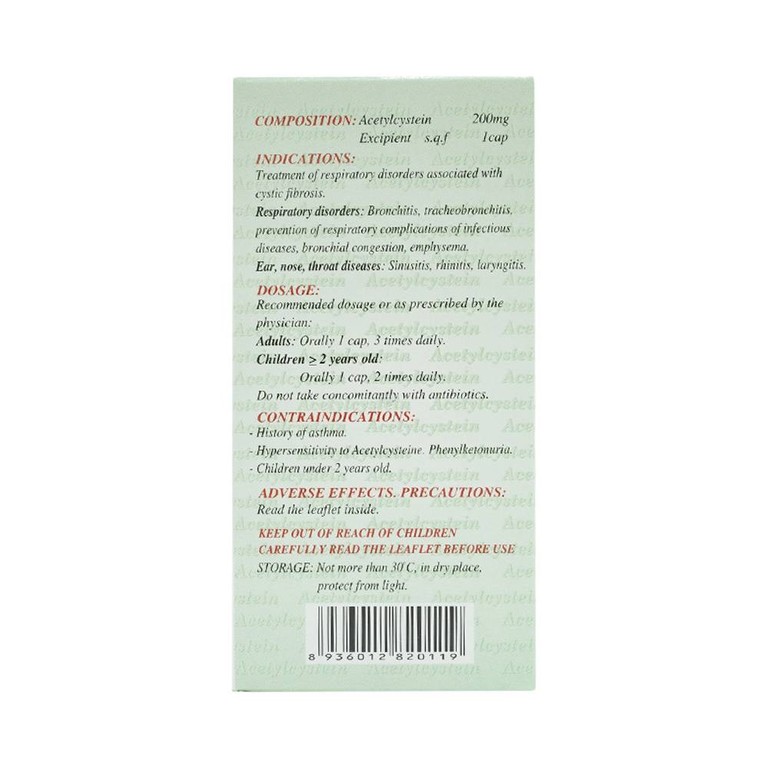 Thuốc Acetylcystein 200mg Nadyphar tiêu nhầy trong bệnh viêm phế quản, bệnh nhầy nhớt (10 vỉ x 10 viên)