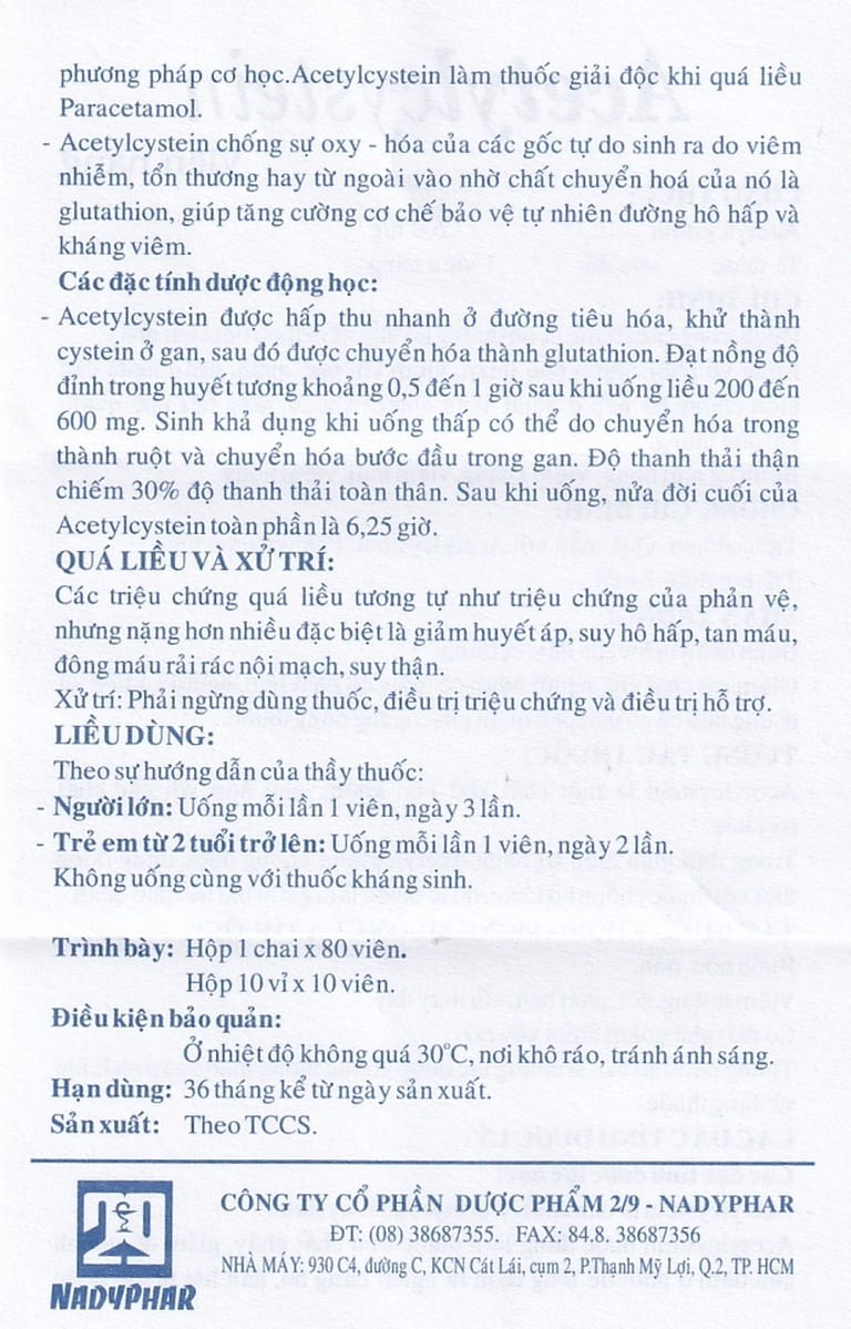 Thuốc Acetylcystein 200mg Nadyphar tiêu nhầy trong bệnh viêm phế quản, bệnh nhầy nhớt (10 vỉ x 10 viên)