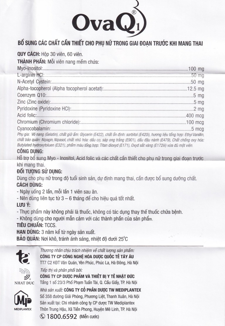 Viên uống OvaQ1 hỗ trợ bổ sung Myo Inositol, Acid folic và các chất cần thiết cho phụ nữ trước khi mang thai (3 vỉ x 10 viên)