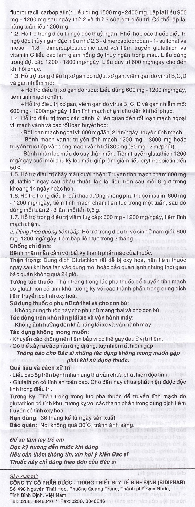 Bột pha tiêm Glutaone 600 Bidiphar hỗ trợ điều trị ngộ độc thủy ngân (1 ống dung môi x 10ml)
