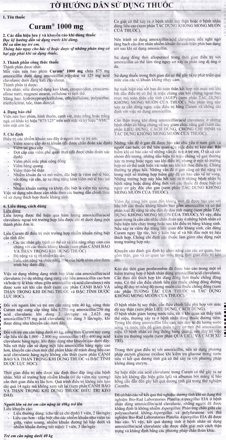 Thuốc Curam 1000mg Sandoz điều trị nhiễm khuẩn (10 vỉ x 8 viên)