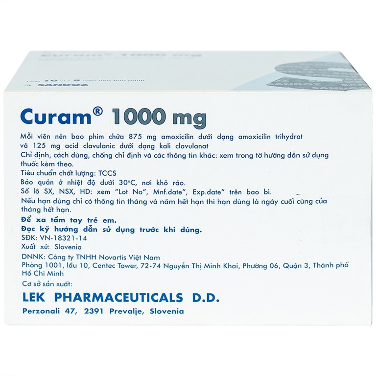 Thuốc Curam 1000mg Sandoz điều trị nhiễm khuẩn (10 vỉ x 8 viên)