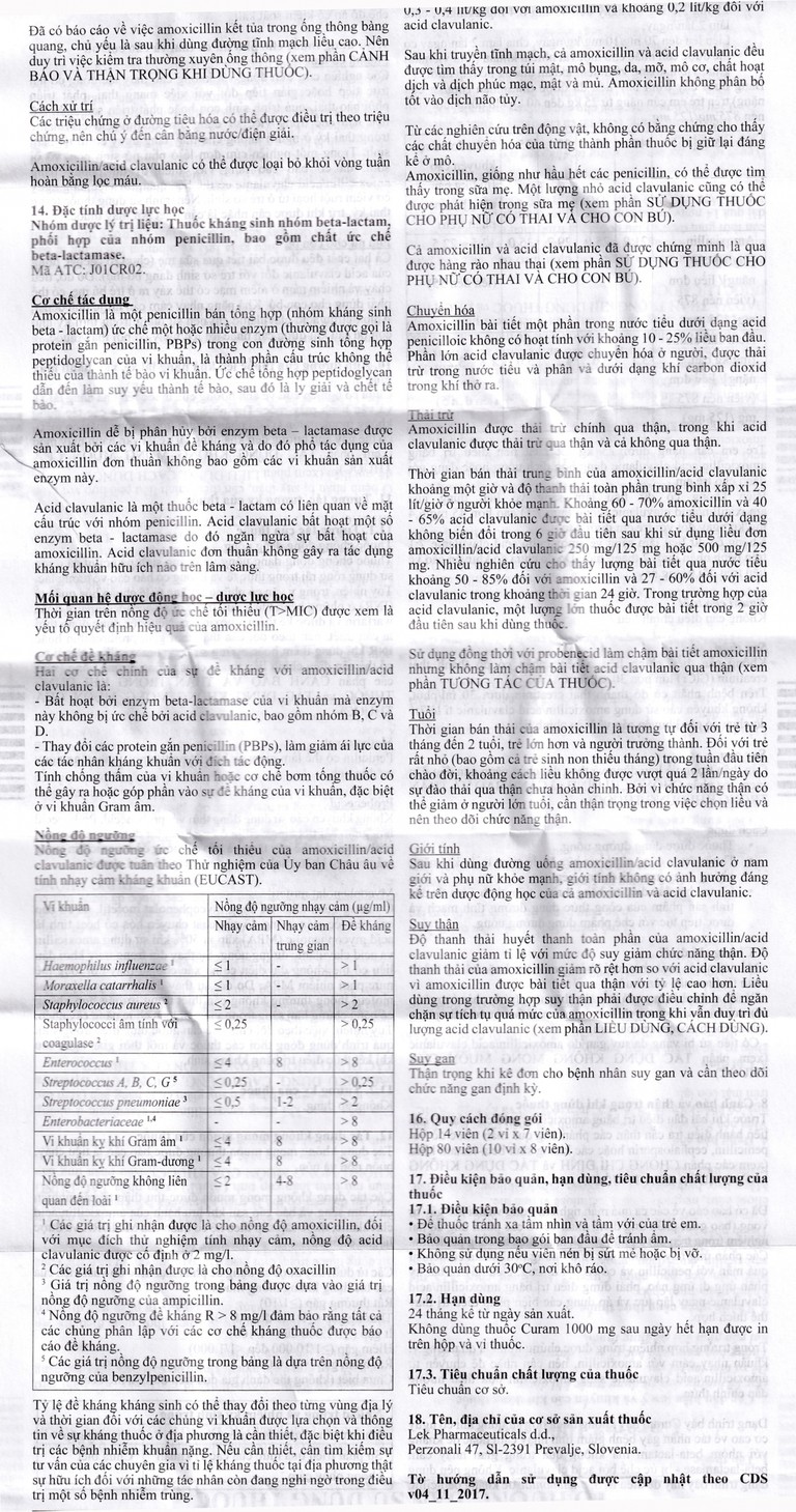 Thuốc Curam 1000mg Sandoz điều trị nhiễm khuẩn (10 vỉ x 8 viên)