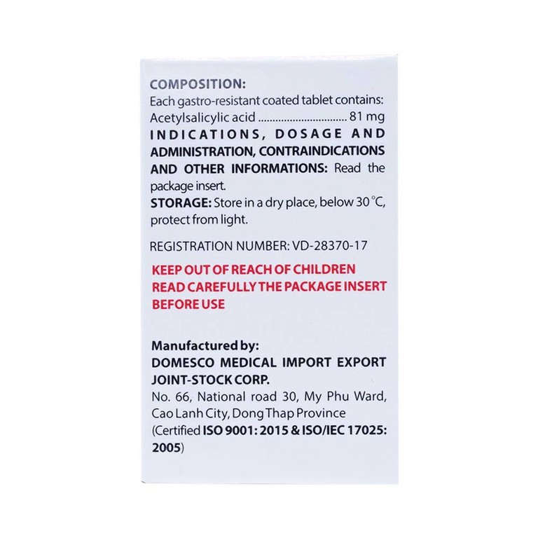 Thuốc Doaspin 81mg Domesco dự phòng huyết khối tim mạch và mạch não (100 viên)