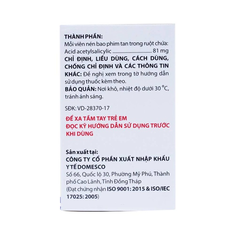 Thuốc Doaspin 81mg Domesco dự phòng huyết khối tim mạch và mạch não (100 viên)
