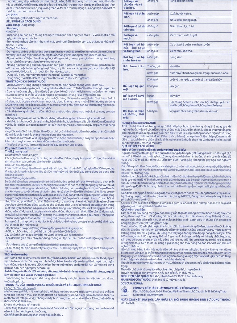 Thuốc Doaspin 81mg Domesco dự phòng huyết khối tim mạch và mạch não (100 viên)