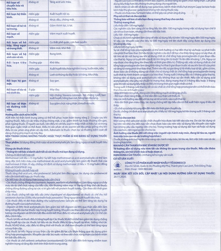 Thuốc Doaspin 81mg Domesco dự phòng huyết khối tim mạch và mạch não (100 viên)