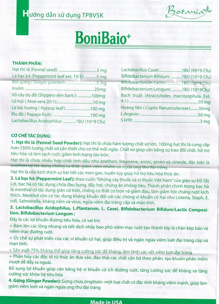 Viên uống BoniBaio Botania giúp cân bằng hệ vi khuẩn có ích đường ruột (30 viên)