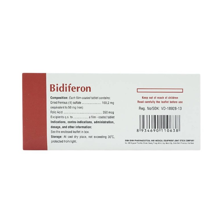 Thuốc Bidiferon điều trị dự phòng thiếu sắt và acid folic (10 vỉ x 10 viên)
