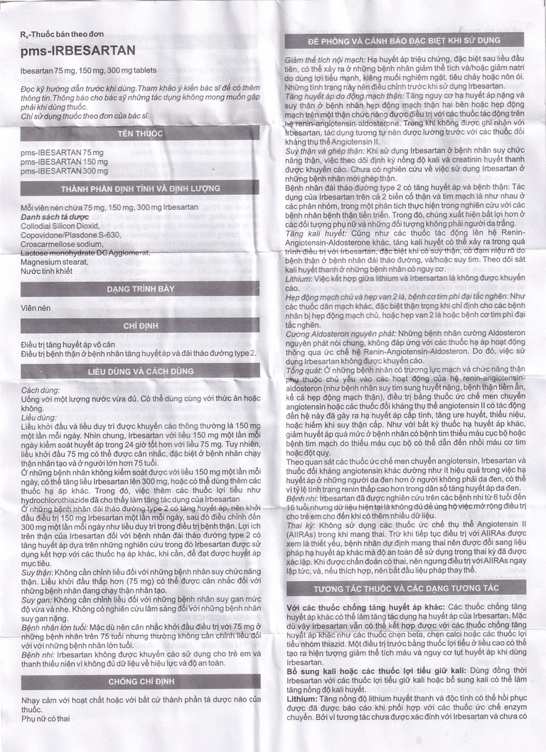 Viên nén PMS-Irbesartan 75mg Pharmascience điều trị tăng huyết áp vô căn, đái tháo đường tuýp 2 (100 viên) 