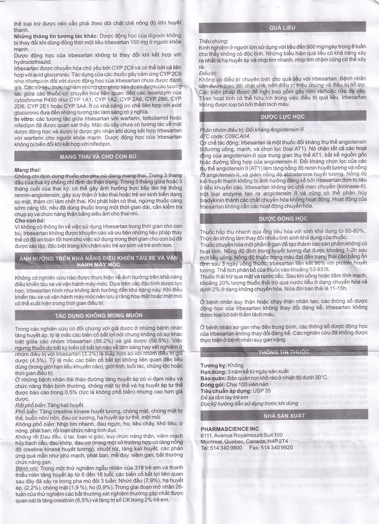 Viên nén PMS-Irbesartan 75mg Pharmascience điều trị tăng huyết áp vô căn, đái tháo đường tuýp 2 (100 viên) 