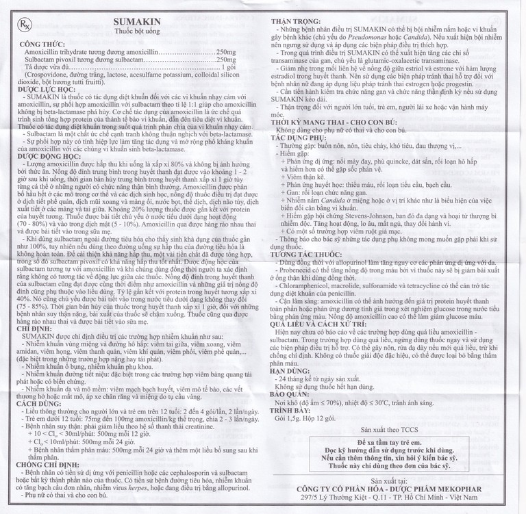 Bột uống Sumakin Mekophar điều trị nhiễm khuẩn miệng và đường hô hấp (12 gói x 1.5g)