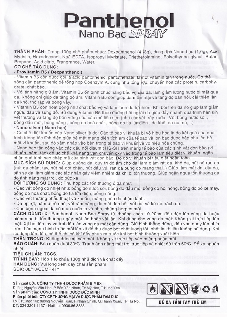 Xịt dưỡng da Panthenol Nano Bạc Bimex dưỡng ẩm da khô, nứt nẻ (130g)