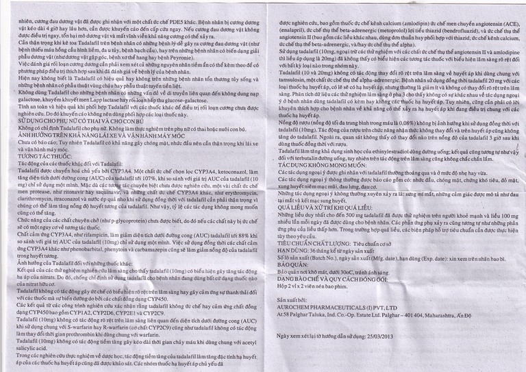 Thuốc Tadachem-20 Aurochem điều trị rối loạn cương dương (2 vỉ x 2 viên)