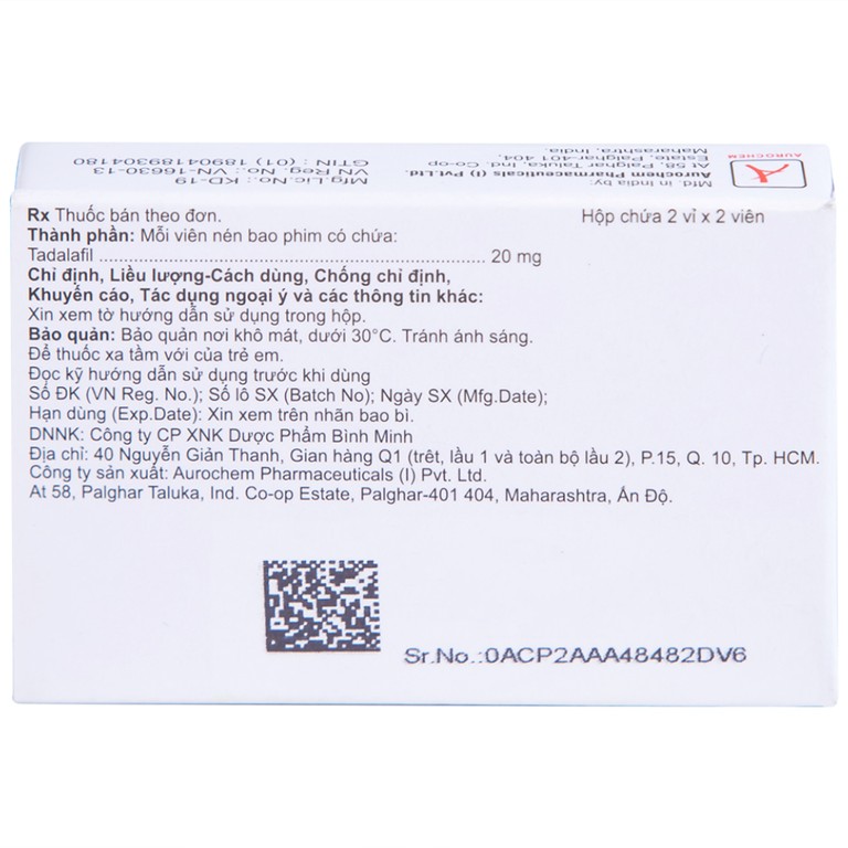 Thuốc Tadachem-20 Aurochem điều trị rối loạn cương dương (2 vỉ x 2 viên)