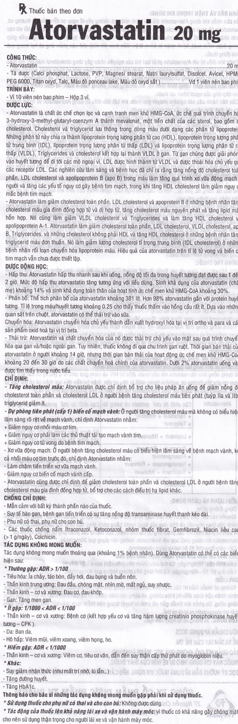 Thuốc Atorvastatin 20mg TV.Pharm điều trị tăng cholesterol máu, dự phòng tiên phát biến cố mạch vành (3 vỉ x 10 viên)