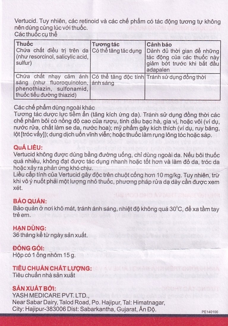 Gel Vertucid Yash Medicare điều trị mụn trứng cá nhẹ đến vừa (15g)