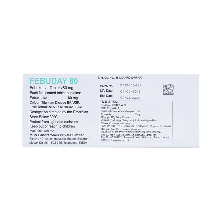 Thuốc Febuday 80 MSN điều trị tăng acid uric huyết (3 vỉ x 10 viên)