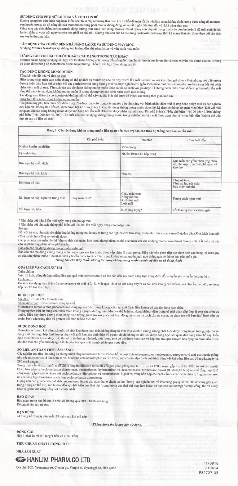 Hỗn dịch xịt mũi Momex Nasal Spray Hanlim điều trị viêm mũi theo mùa (18ml)