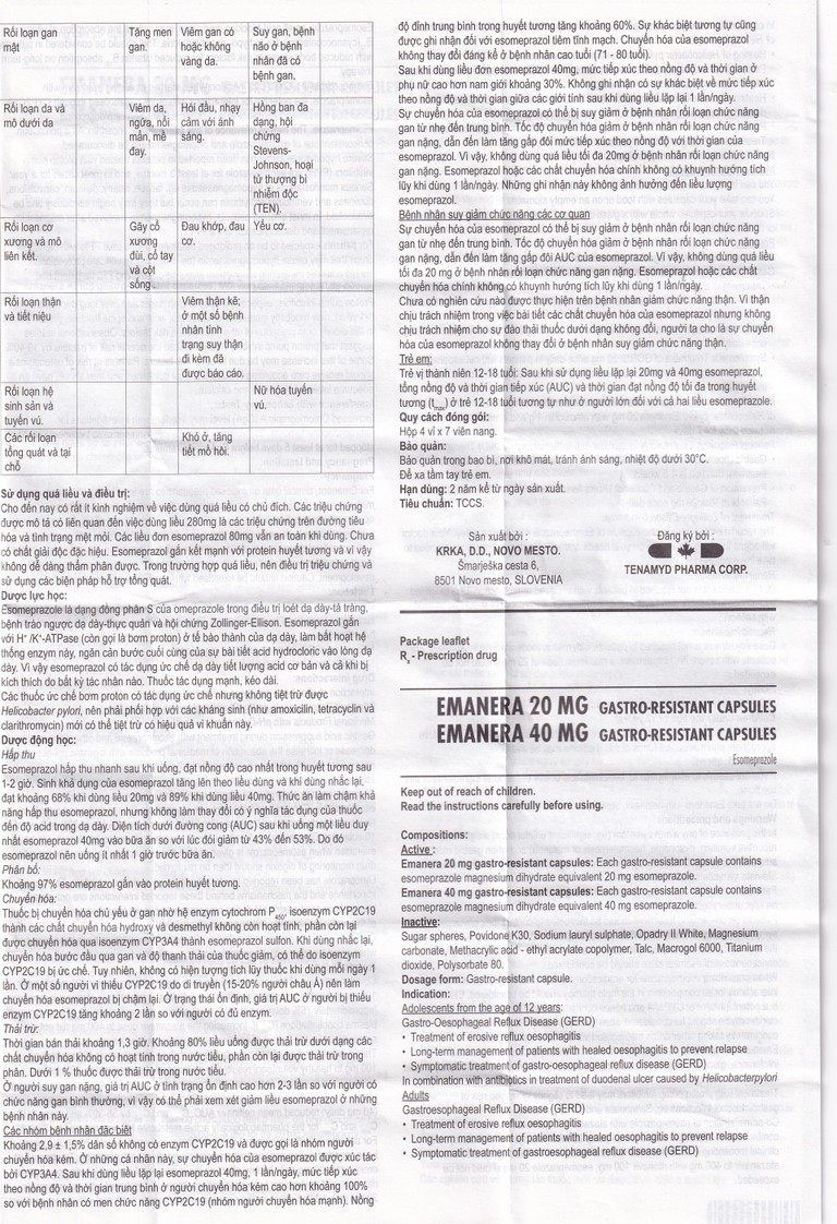 Thuốc Emanera 20mg KRKA điều trị trào ngược dạ dày thực quản (4 vỉ x 7 viên)