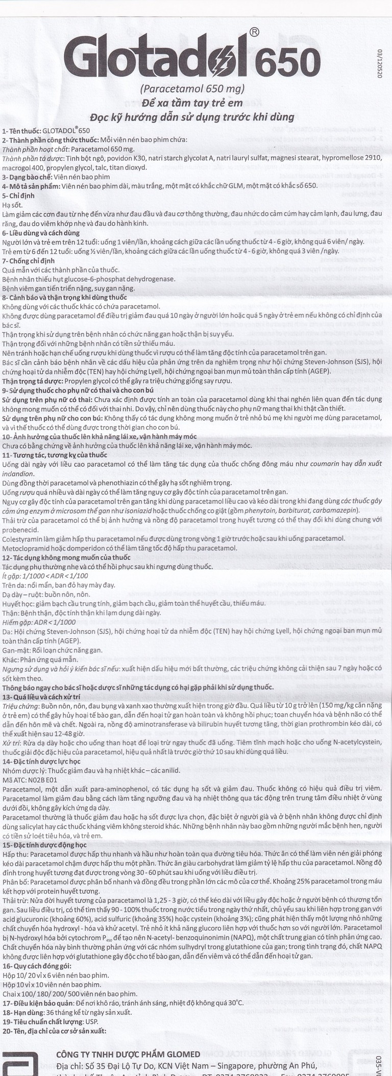 Thuốc Glotadol 650 Abbott hỗ trợ hạ sốt và giảm đau (200 viên)