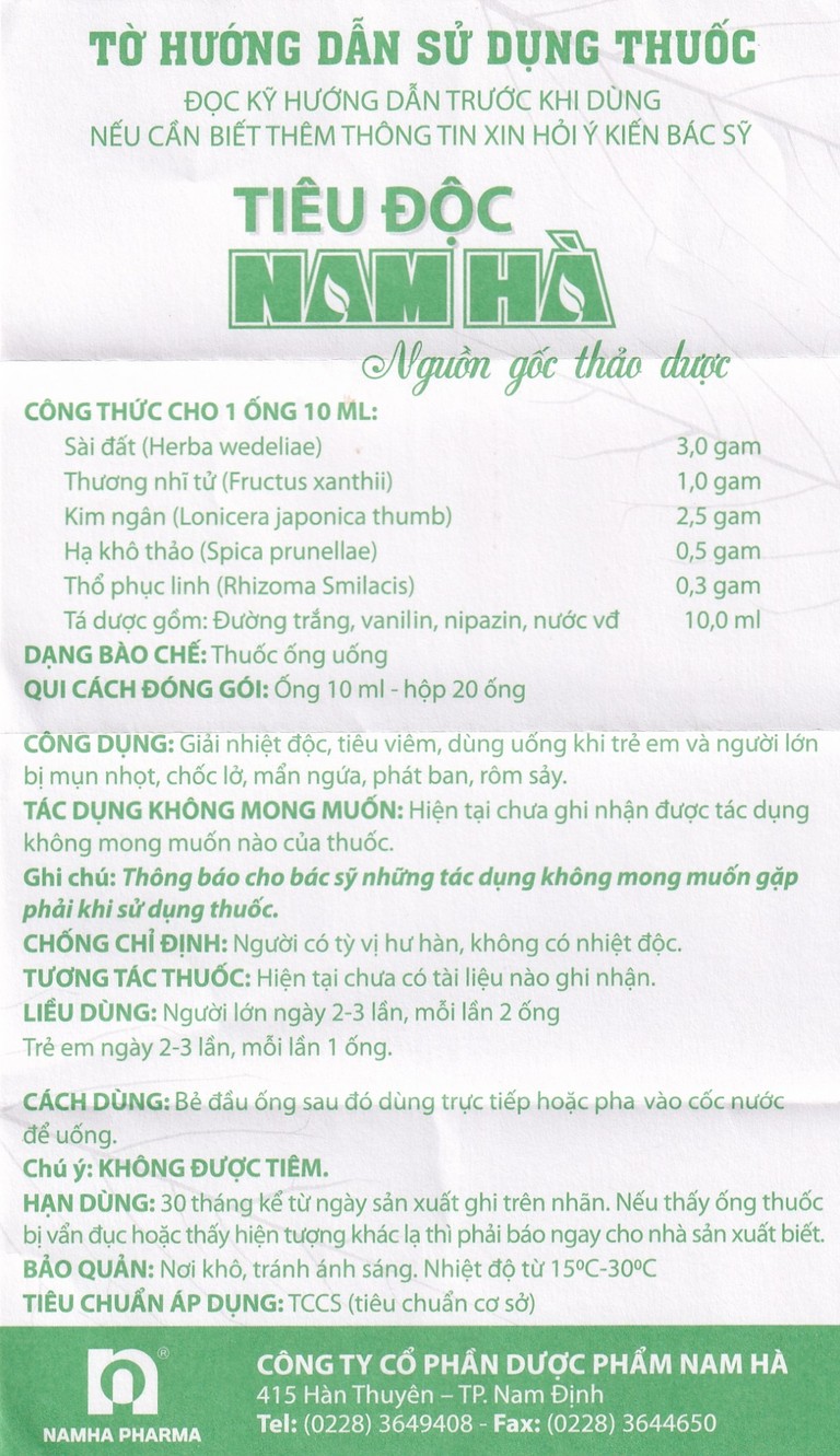 Dung dịch Tiêu Độc Nam Hà giải nhiệt độc, tiêu viêm (20 ống x 10ml)