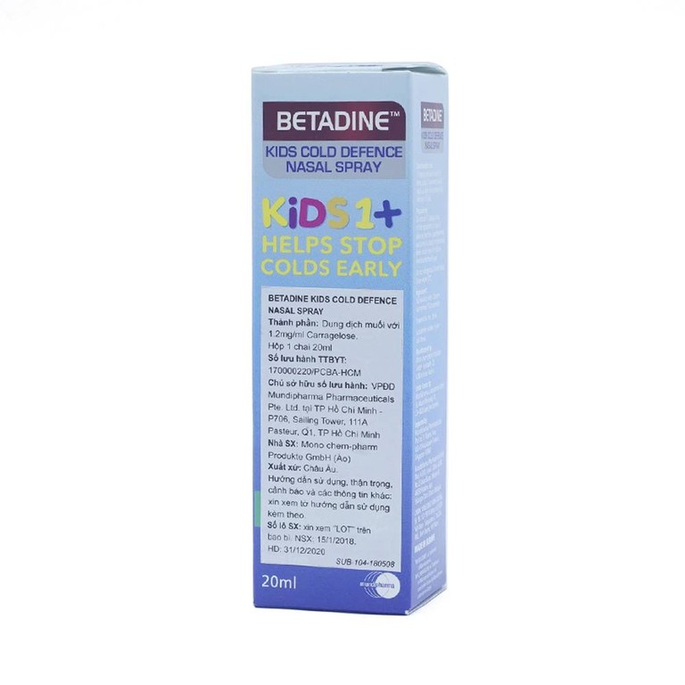 Xịt mũi Betadine Cold Defense Nasal Spray Kids 1+ 20ml dùng cho cảm cúm trẻ em
