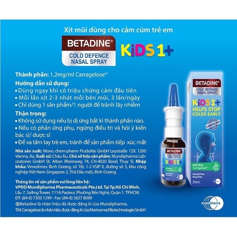 Xịt mũi Betadine Cold Defense Nasal Spray Kids 1+ 20ml dùng cho cảm cúm trẻ em