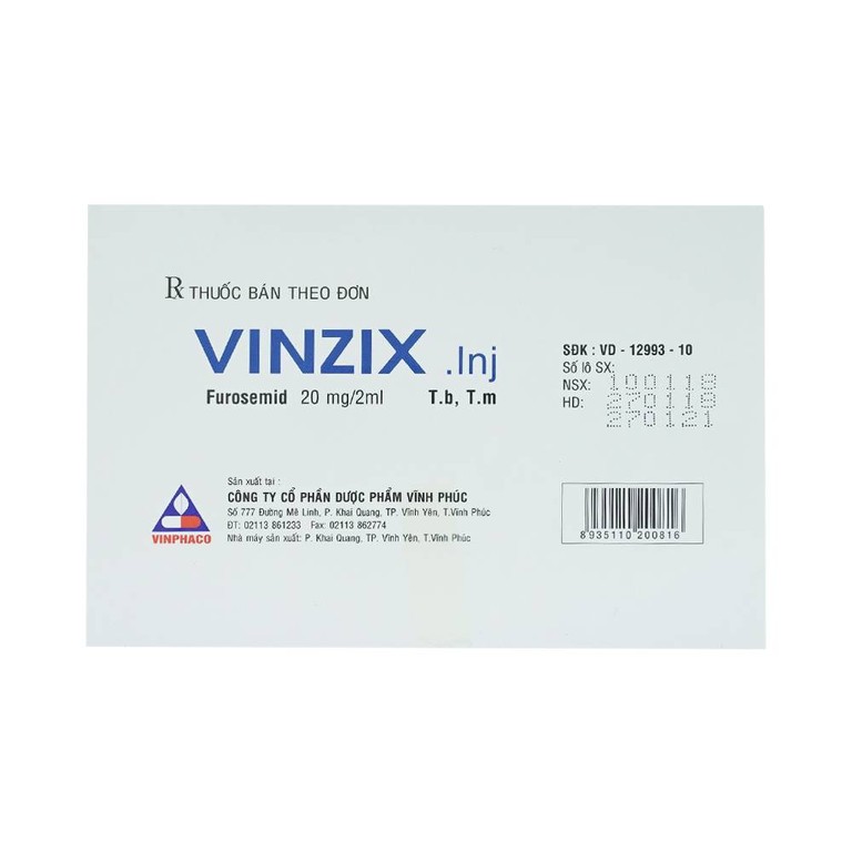 Dung dịch Vinzix 20mg/2ml Vinphaco điều trị phù trong suy tim sung huyết (10 vỉ x 5 ống x 2ml)
